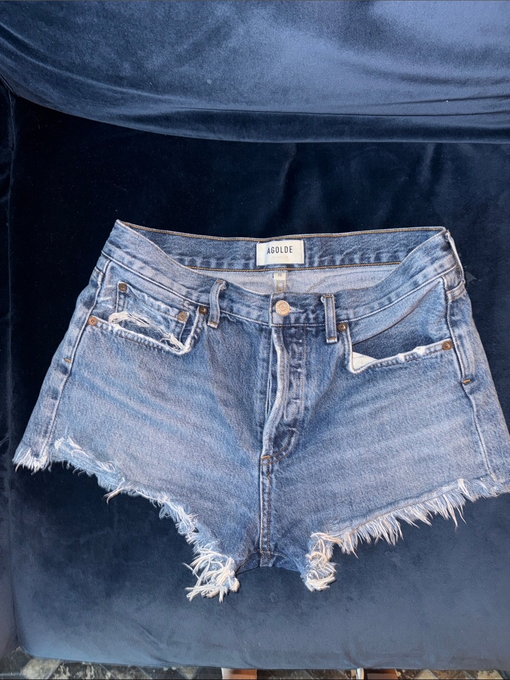Agolde Light Blue Distressed Denim Cutoff Shorts